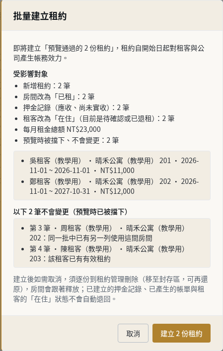 步驟 4：按「創建 4 份租約」並核對預覽結果