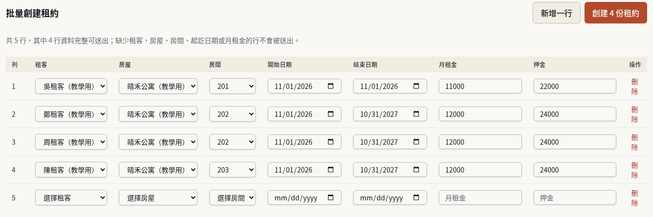 步驟 3：填入租期、月租金與押金
