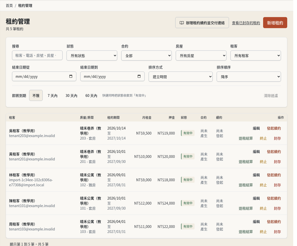 步驟 14：到租約管理核對租約與占位租期