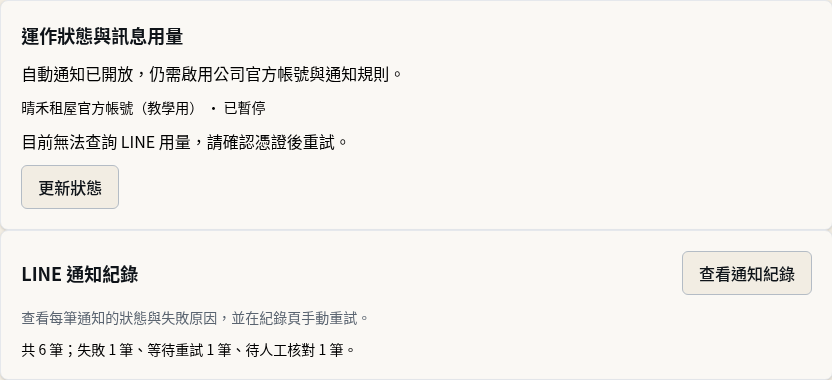 步驟 3:看運作狀態、整合狀態與訊息用量