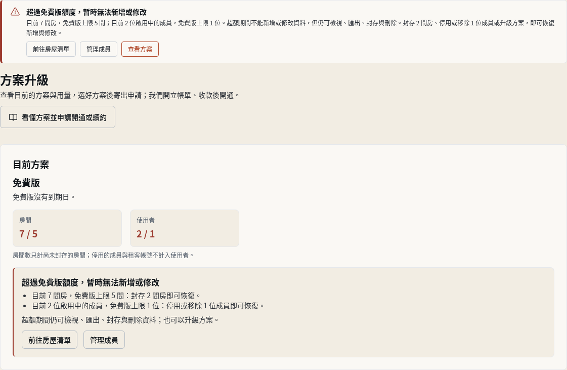 步驟 12：免費版超過額度：封存房間、停用或移除成員
